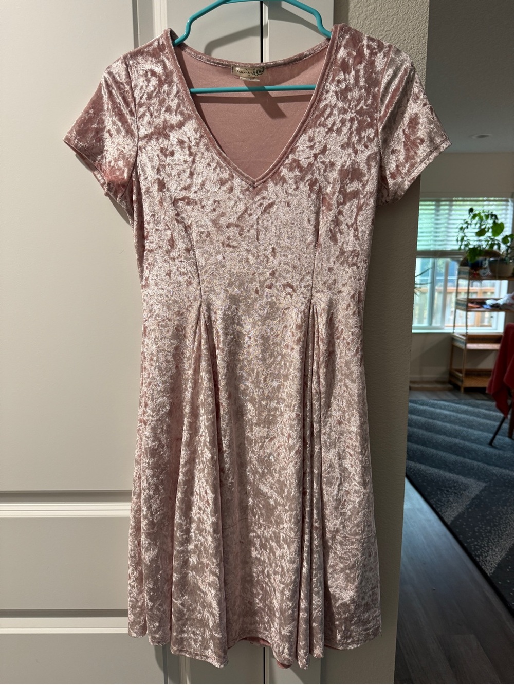 Women's Pink Crushed Velvet V-Neck Dress